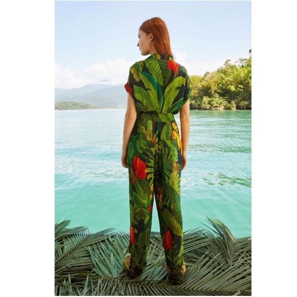 Farm Rio Jumpsuit Size Small Forest Green Print Wooden Buttons Summer Vacation F - Picture 3 of 14